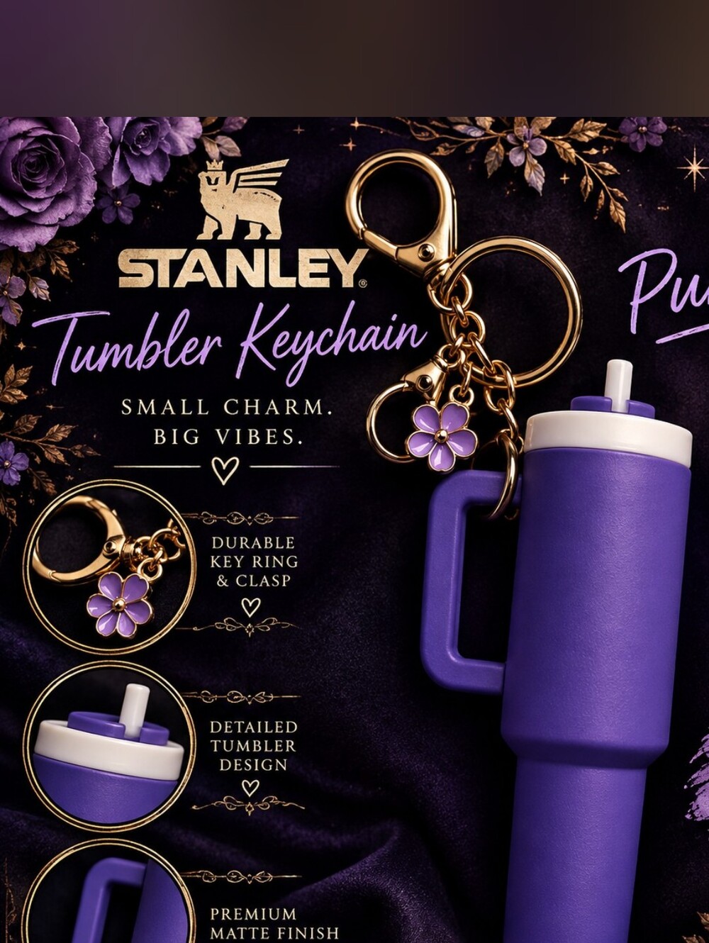Stanley-Style Purple Tumbler Keychain with Gold Hardware!!